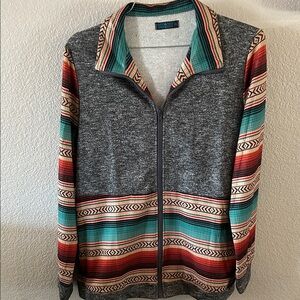 Women's Gray Zip-Up Jacket with Turquoise & Red Stripe Accents